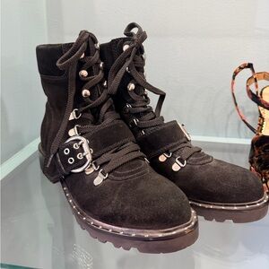 Marc Fisher Black Suede Combat Boots Lug Sole Buckle & Lace-Up Size 8